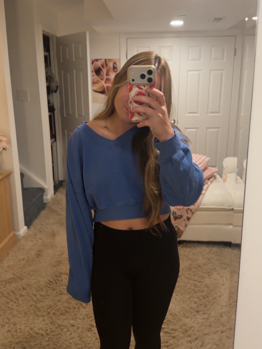 aerie Blue Off-the-Shoulder Cropped Sweater